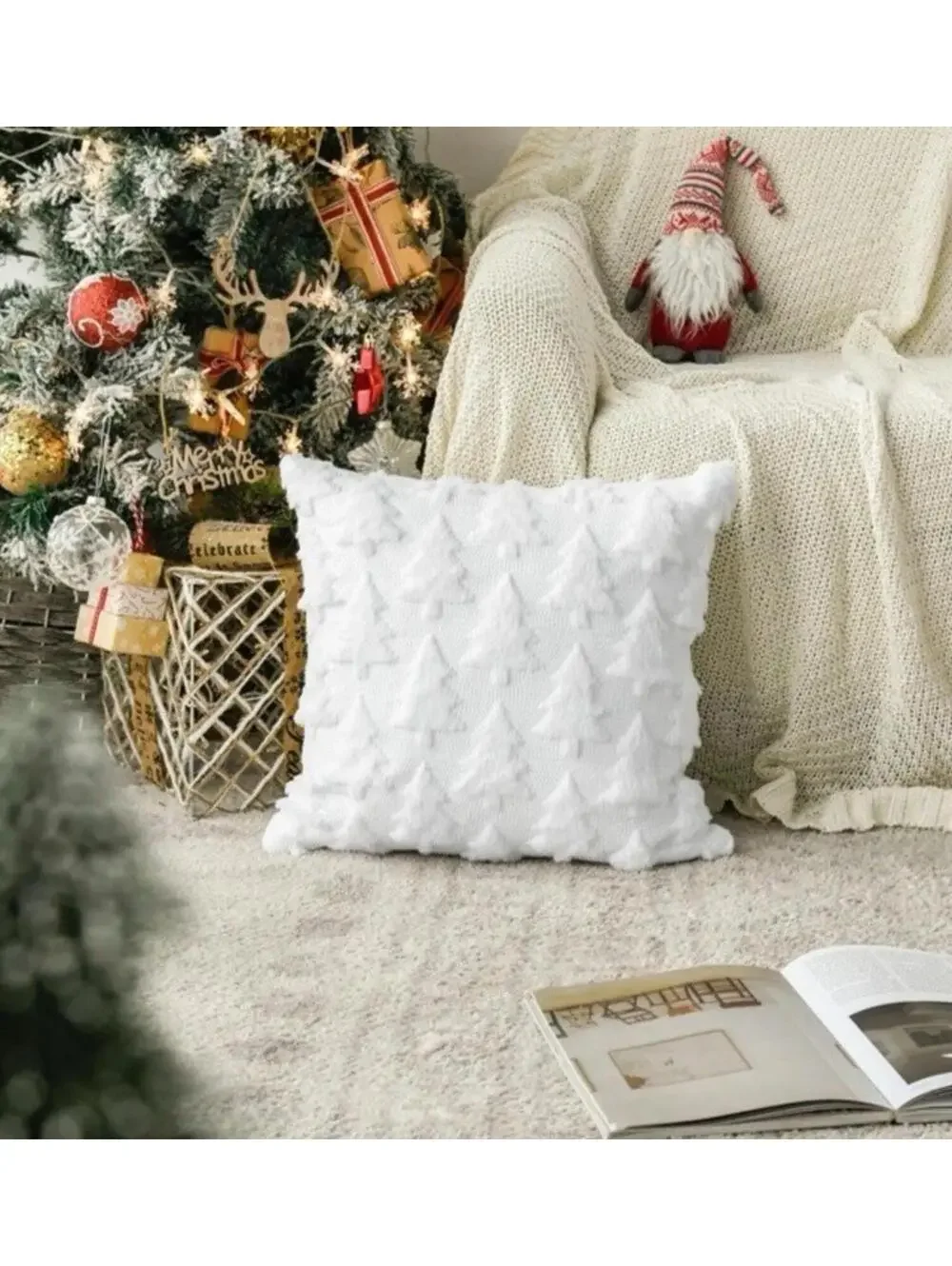 Christmas Trees White Throw Pillow Covers Set of 2 Plush Faux Fur Jacquard Decor
